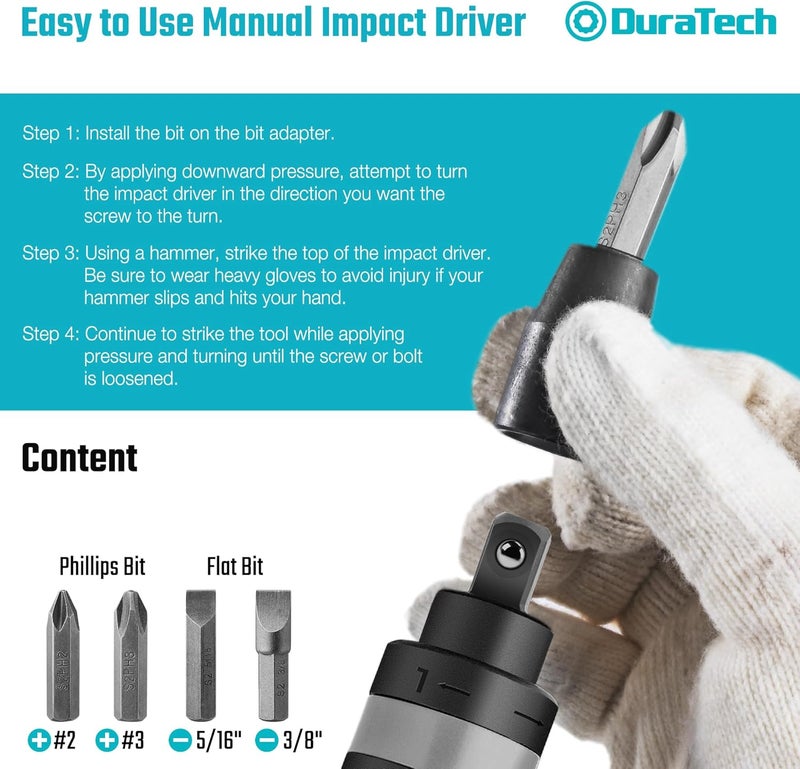 DURATECH 3/8 Inch Drive Manual Impact Driver, Reversible Hand Screwdriver Set, with S2 Steel Bits, 5-Piece, for Tighten/Rusted Fasteners, Organized in Storage Case - Image 5